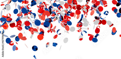 Falling confetti, red, white, and blue circles and ribbons. Perfect for party, celebration, or festive backgrounds.