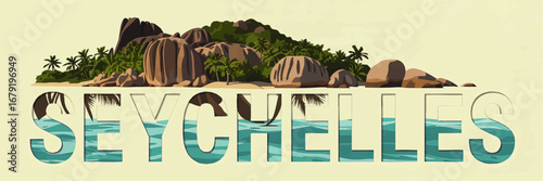Seychelles tropical island beach illustration with granite boulders, palm trees, turquoise ocean, and modern travel typography