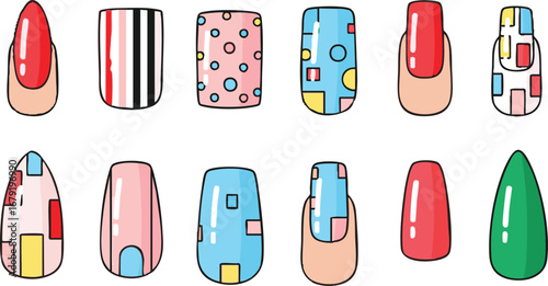 Illustration showcasing twelve uniquely designed fingernails with various patterns and colors