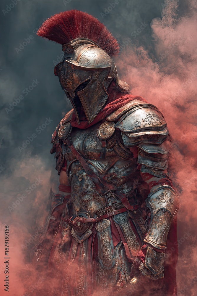 Naklejka premium Ares god of war in armor dramatic battlefield atmosphere