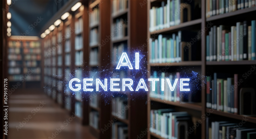 Obraz premium Ai generative text overlayed on a library setting with bookshelves filled with books in a long hallway view