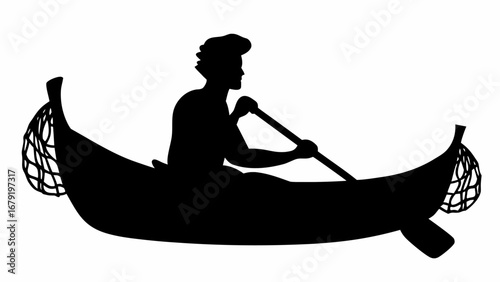 Silhouette of person rowing a boat with fishing nets attached to each end on a white background