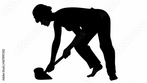 Silhouette of a person bending over using a tool with both hands in a white background image view