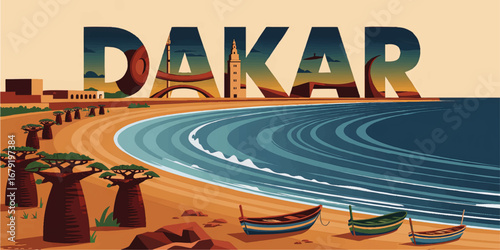 Dakar Senegal Coastal City Skyline Illustration with Baobab Trees, Colorful Beach, Fishing Boats, and Iconic Landmarks at Sunset
