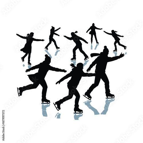 Figure Skating Team Silhouette Illustration Performing on Ice with Reflections