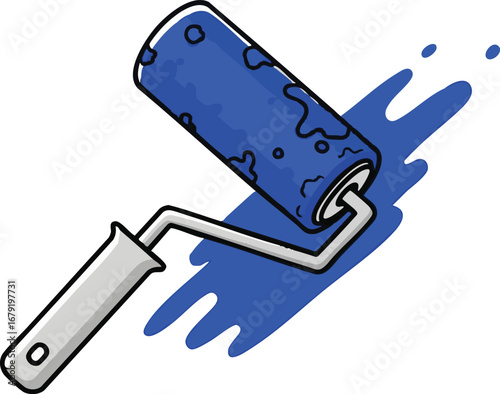 A paint roller with blue paint on the roller and on the surface it is painting on display