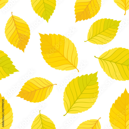 Autumn background. Falling yellow elm leaves seamless pattern. Vector cartoon flat illustration.