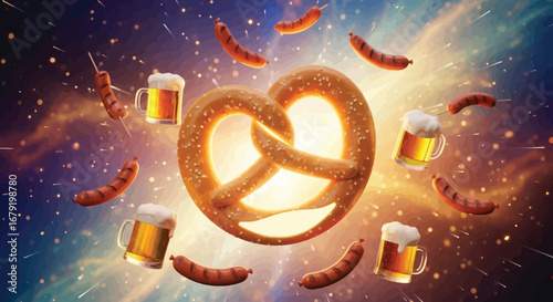 Festive Oktoberfest scene with pretzel, beer mugs, and sausages floating in space.
