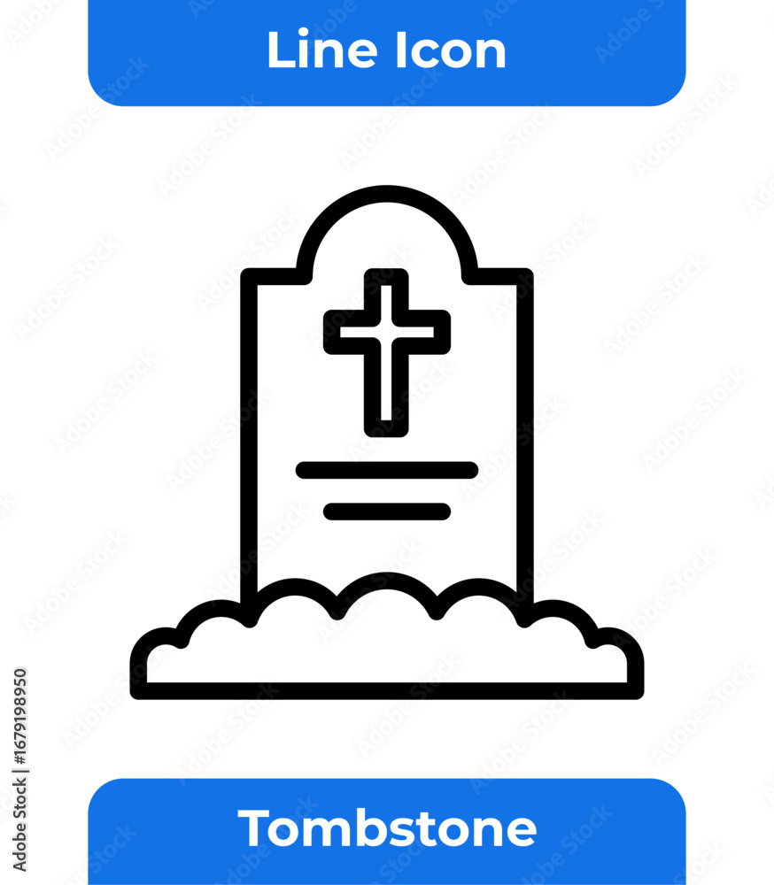 Obraz premium Tombstone Icon with a Cross on a Grave, a Symbol of Death, Cemetery, and Halloween in an Outline Style with Vector Concept