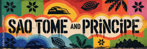Vibrant Sao Tome and Principe Street Art Mural – Colorful Tropical Wall Illustration with Cocoa, Mountains, and Nature Elements