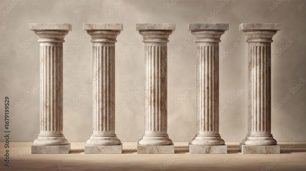 Obraz premium Row of five stone columns in timeless classical style, illuminated softly, neutral background enhancing elegant fluting and capitals