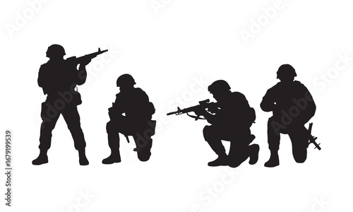 Silhouette set of soldiers isolated on white background.