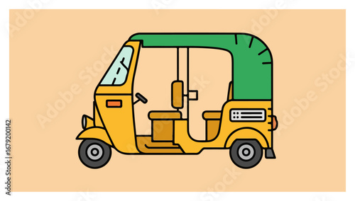 Yellow and Green Auto Rickshaw Vector Illustration.
