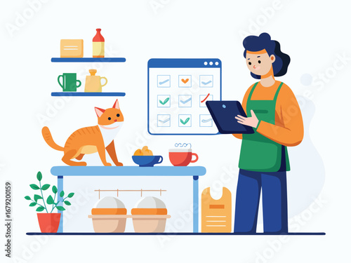Cat owner setting up meeting schedule on digital tablet with pet nearby