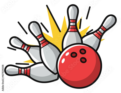 Bowling strike - A red ball hitting bowling pins.