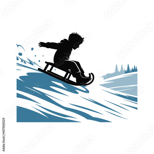 Child Sledding Silhouette Illustration Winter Fun Activity Outdoor Recreation Snow Landscape Design