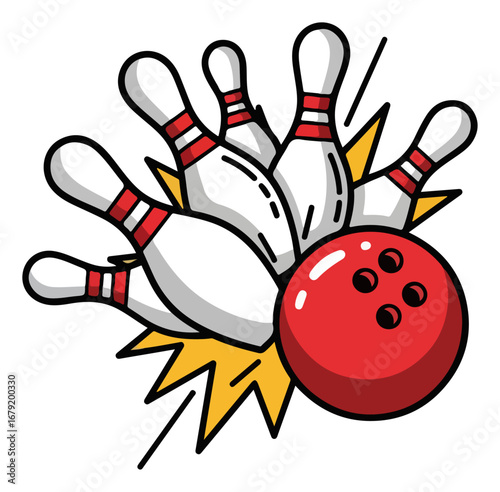 Bowling Strike Illustration with Ball and Pins.