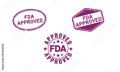 Purple grunge rubber fda approved stamp sticker set, certified medical product label design.