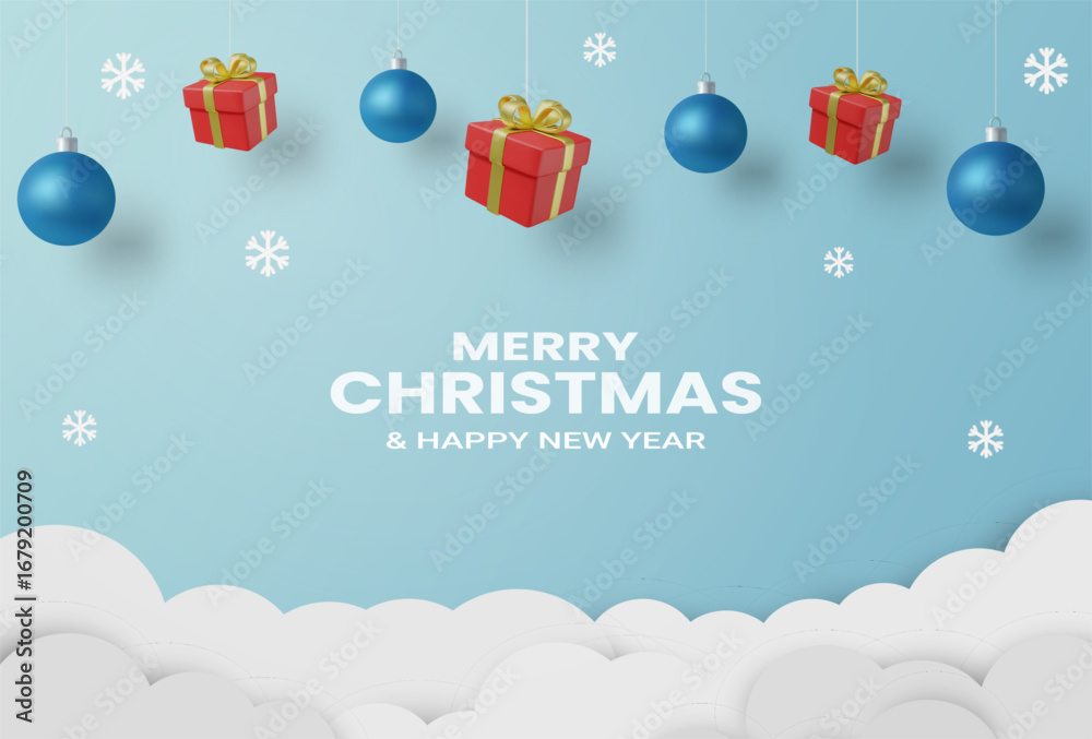 Naklejka premium 3D vector illustration render of a poster, card, gift box and minimalistic ball hanging on a blue background with snowflakes decoration, bright for Christmas and New Year.