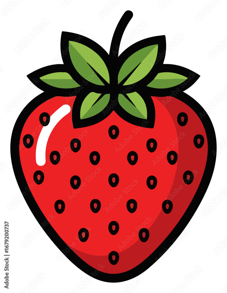Obraz premium A vibrant red strawberry with green leaves and black seeds.