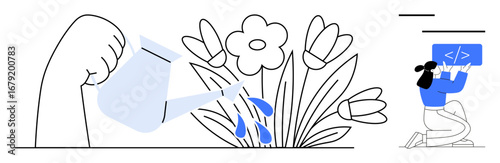 Hand watering flowers with droplets, blooming plants besides coded screen held by figure. Ideal for innovation, growth, technology, learning, teamwork, creativity, simple landing page