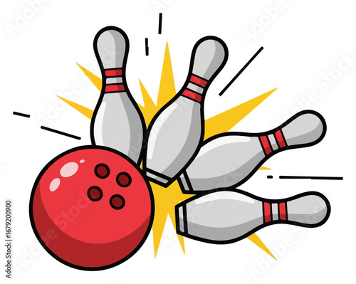 Bowling ball hitting pins in a strike.