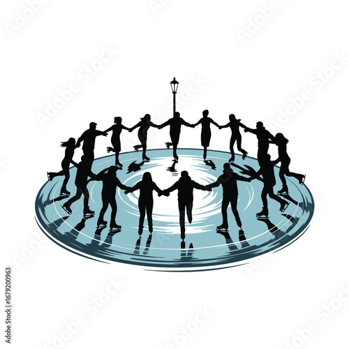 Ice Skating Silhouette Illustration of People Skating in a Circle on a Winter Rink
