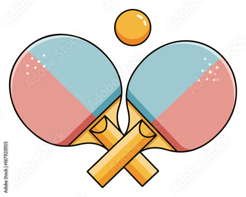 Crossed table tennis paddles with an orange ball.