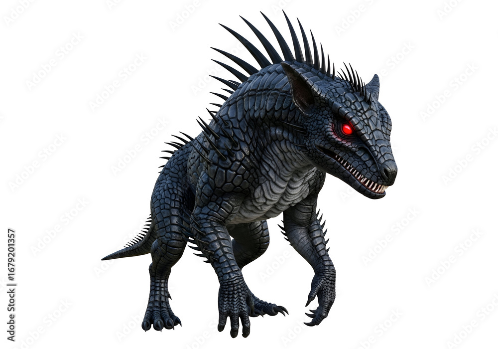 Fototapeta premium A formidable, dark creature with spiky scales and glowing red eyes dominates the stark black backdrop.