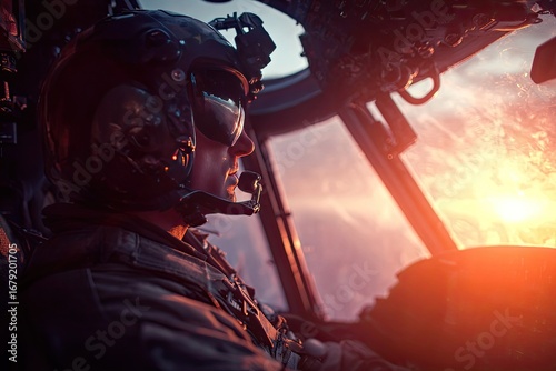army pilot in helicopter cockpit cinematic photo