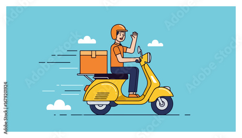 Fast delivery service - Courier riding a yellow scooter with a package.