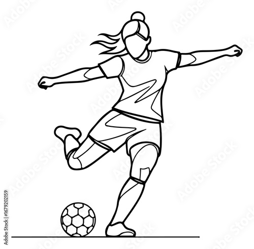 Focused Female Soccer Player Kicking Ball.