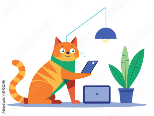 Adorable orange tabby cat engrossed in digital life with tablet and laptop