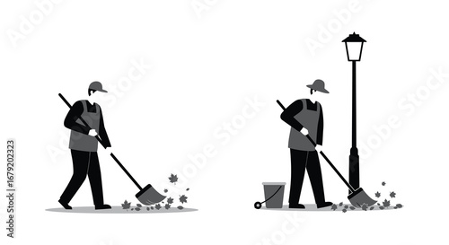 Street Cleaner Sweeping Leaves with Broom Near Lamp Post in Black and White