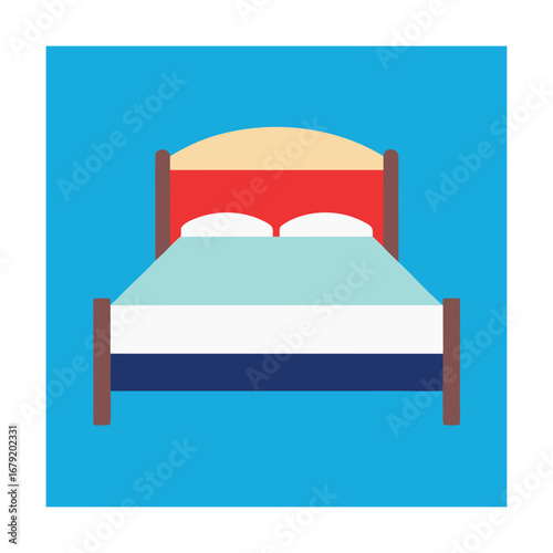 Flat design of a bed with red and blue bedding bedroom