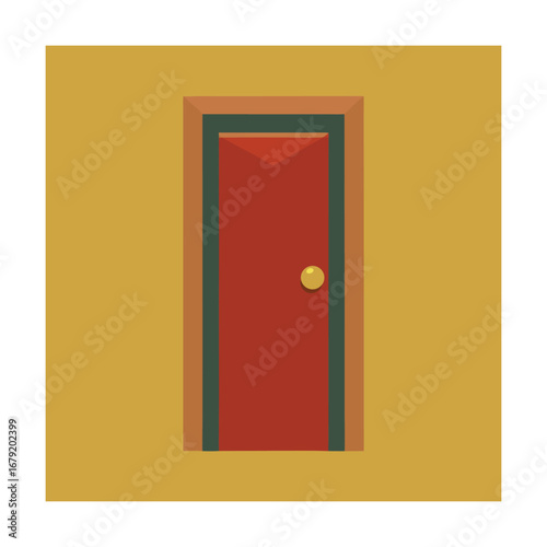 Flat design of a red door with a yellow knob on a yellow wall