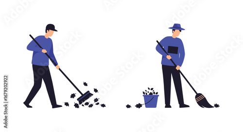 Two men sweeping leaves with brooms cleaning outdoors vector illustration