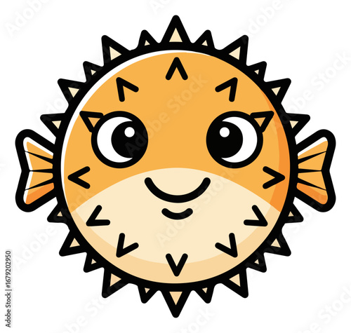 Smiling cartoon pufferfish with spikes and fins in the ocean.