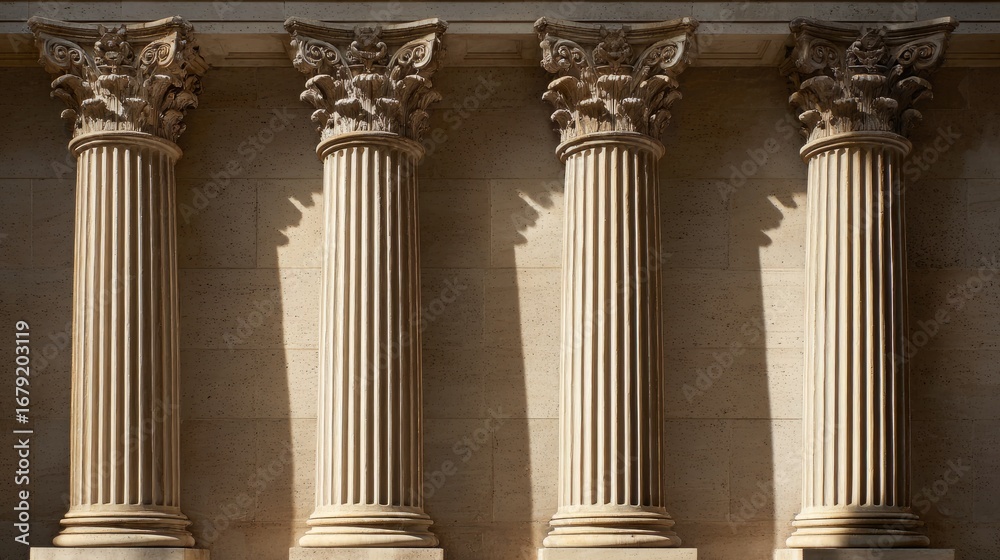 Fototapeta premium Symmetrical row of five tall stone columns, neutral backdrop, sunlight gently revealing classical fluted shafts and detailed capitals
