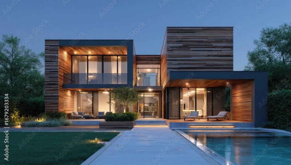 Fototapeta premium Modern luxury home at dusk with pool