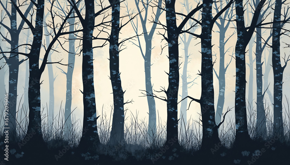 Obraz premium Illustration of Blue Trees in Forest with Haze