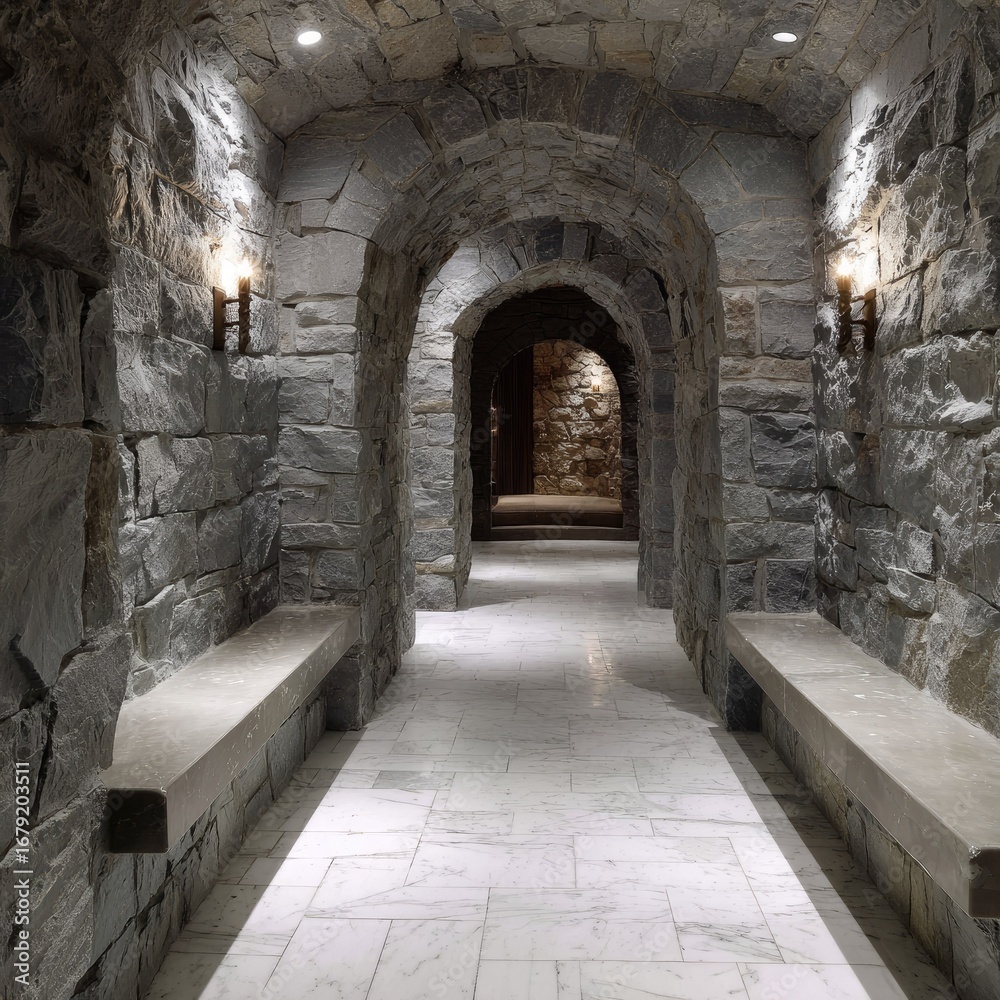 Obraz premium Stone archway corridor with benches