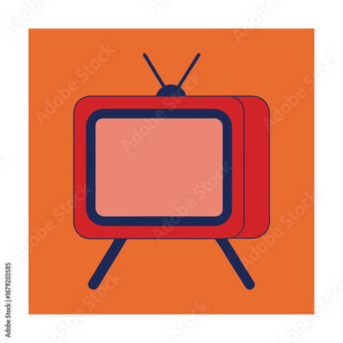 Red vintage television with pink screen on orange background