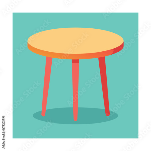 Round wooden table with red legs on a teal background