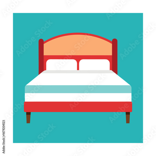 Stylized bed with orange and red accents on teal background
