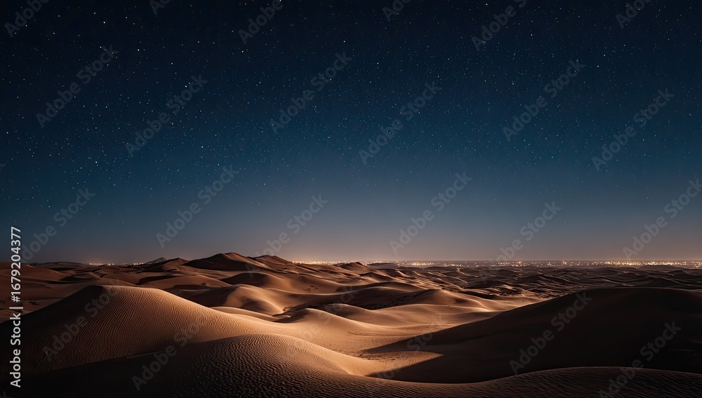 Naklejka premium Vast desert dunes under a star-studded night sky