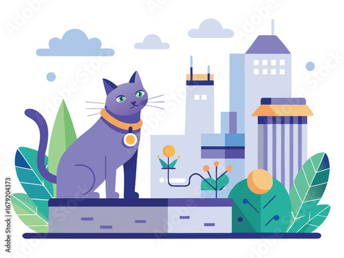 Charming purple cat sits proudly in a modern cityscape with lush greenery