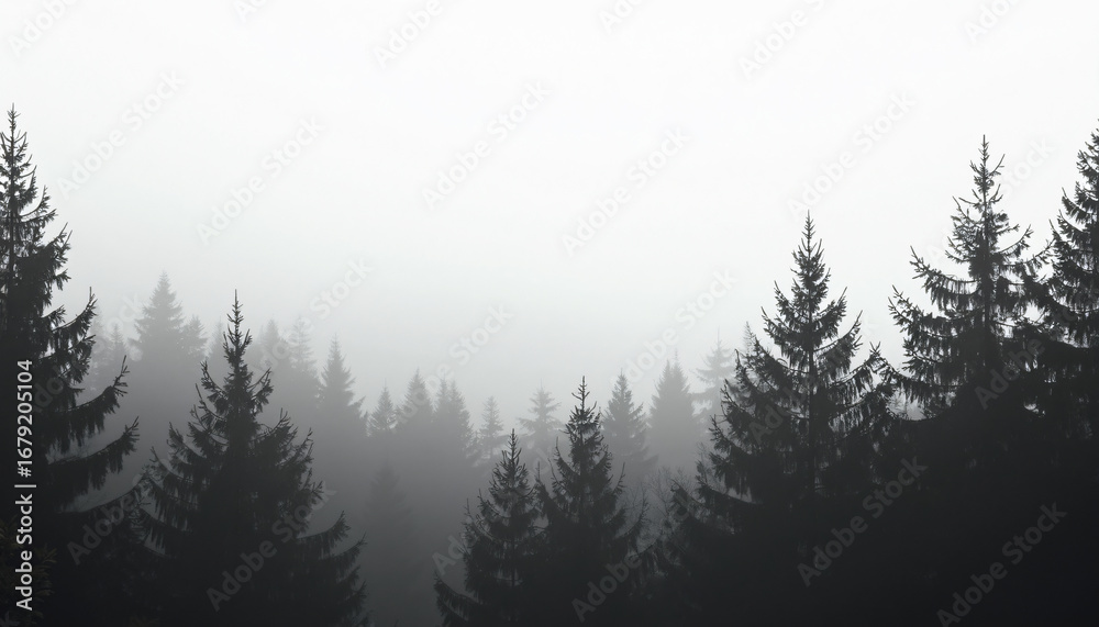 Obraz premium Silhouetted Evergreen Trees in Dense Fog