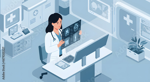Wallpaper Mural Healthcare Analysis: A dedicated healthcare professional scrutinizes a radiological scan within a modern medical facility, representing innovation, precision, and diagnostic analysis. Torontodigital.ca