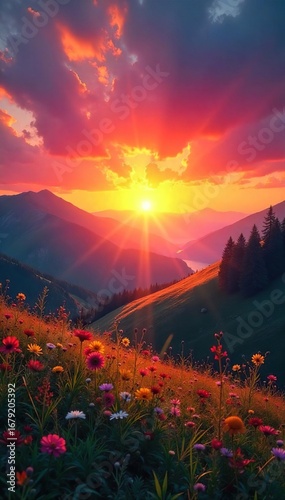 A vibrant sunrise over a tranquil landscape, symbolizing renewal and hope on a Sunday morning Perfect for themes of rebirth, spirituality, and fresh beginnings , sunday, nature, serene